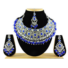 Silver Rodium Polish Blue color Necklace in Metal Alloy studded with CZ Diamond, Pearl