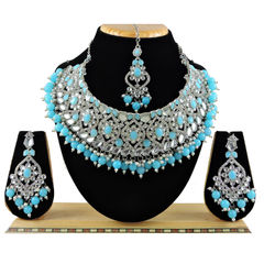 Silver Rodium Polish Blue color Necklace in Metal Alloy studded with CZ Diamond, Pearl
