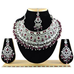 Silver Rodium Polish Red and Maroon color Necklace in Metal Alloy studded with CZ Diamond, Pearl