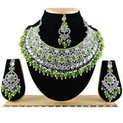 Silver Rodium Polish Green color Necklace in Metal Alloy studded with CZ Diamond, Pearl