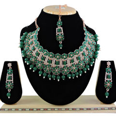Gold Rodium Polish Green color Necklace in Metal Alloy studded with CZ Diamond