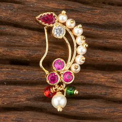 Gold Rodium Polish Red and Maroon color Nose Ring in Brass studded with Austrian diamond, Pearl