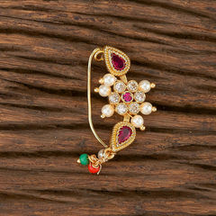 Gold Rodium Polish Red and Maroon color Nose Ring in Brass studded with Austrian diamond, Pearl