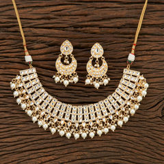 Gold Rodium Polish White and Off White color Necklace in Brass studded with Kundan, Pearl