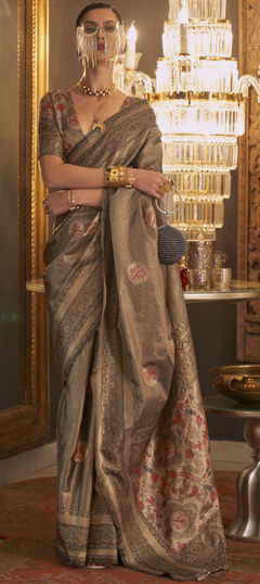 Party Wear, Traditional Beige and Brown color Saree in Handloom fabric with Bengali Printed, Weaving work : 1870707