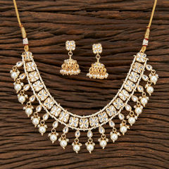 Gold Rodium Polish White and Off White color Necklace in Brass studded with Kundan, Pearl