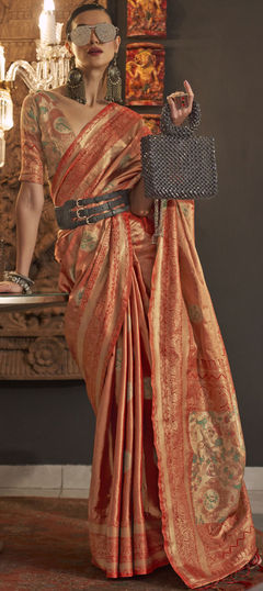 Orange color Saree in Handloom fabric with Printed, Weaving work