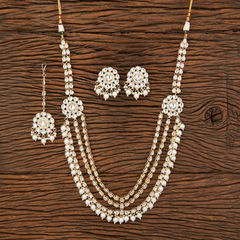 Gold Rodium Polish White and Off White color Necklace in Brass studded with Kundan, Pearl