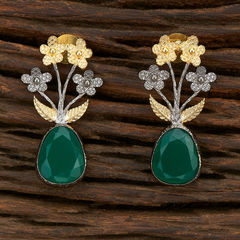 Gold Rodium Polish Green color Earrings in Brass studded with CZ Diamond