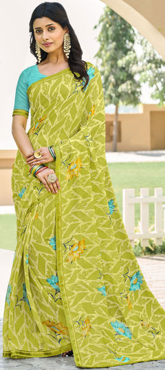 Green color Saree in Georgette fabric with Floral, Printed work