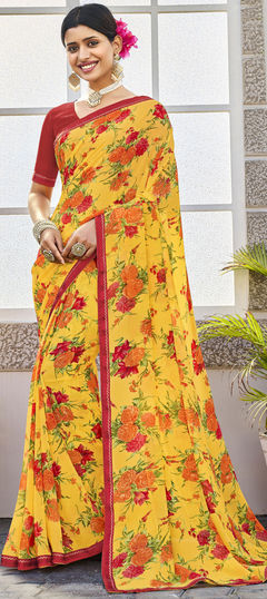 Yellow color Saree in Georgette fabric with Floral, Printed work