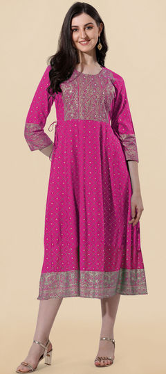 Gold, Pink and Majenta color Kurti in Rayon fabric with Embroidered, Sequence, Thread work