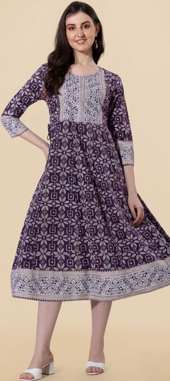 Purple and Violet color Kurti in Rayon fabric with Embroidered, Sequence, Thread work