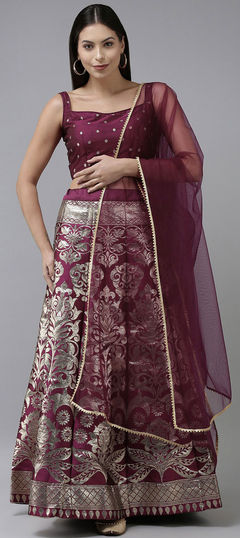 Red and Maroon color Lehenga in Banarasi Silk fabric with Weaving work