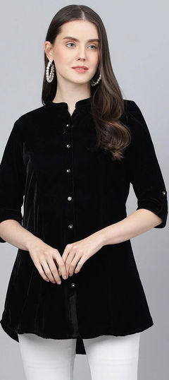 Black and Grey color Kurti in Velvet fabric with Thread work