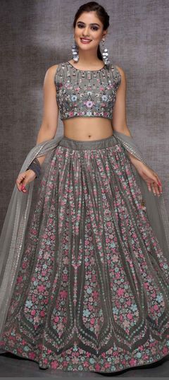 Black and Grey color Ready to Wear Lehenga in Net fabric with Embroidered, Sequence, Thread work