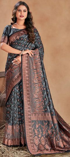 Black and Grey color Saree in Satin Silk, Silk fabric with Weaving work