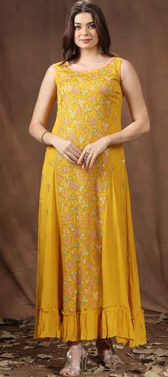 Yellow color Kurti in Art Silk fabric with Embroidered, Resham, Sequence, Thread work