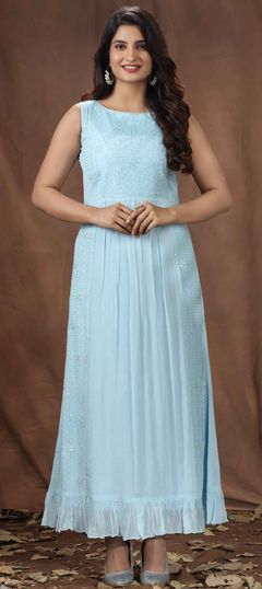 Blue color Kurti in Art Silk fabric with Embroidered, Resham, Thread work