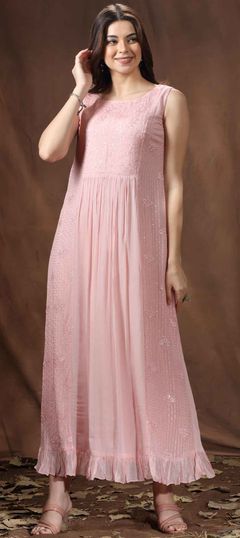 Pink and Majenta color Kurti in Art Silk fabric with Embroidered, Resham, Thread work