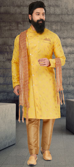 Yellow color IndoWestern Dress in Silk cotton fabric with Printed work