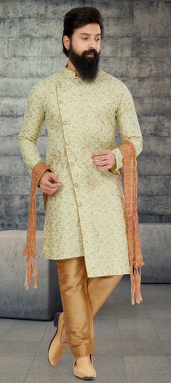 Green color IndoWestern Dress in Silk cotton fabric with Printed work