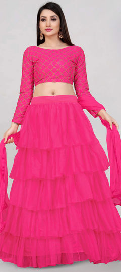 Pink and Majenta color Lehenga in Net fabric with Thread work