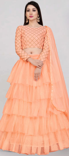 Pink and Majenta color Lehenga in Net fabric with Thread work