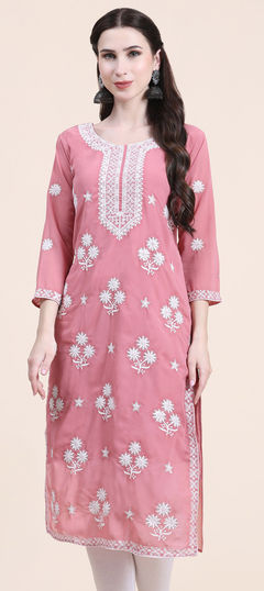 Pink and Majenta color Kurti in Georgette fabric with Embroidered, Thread work