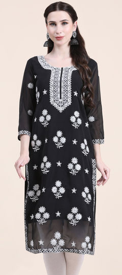 Black and Grey color Kurti in Georgette fabric with Embroidered, Thread work