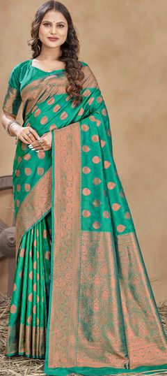 Green color Saree in Banarasi Silk, Silk fabric with Weaving work