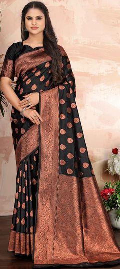 Black and Grey color Saree in Banarasi Silk, Silk fabric with Weaving work