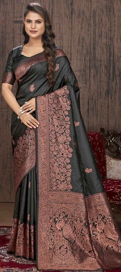 Black and Grey color Saree in Banarasi Silk, Silk fabric with Weaving work