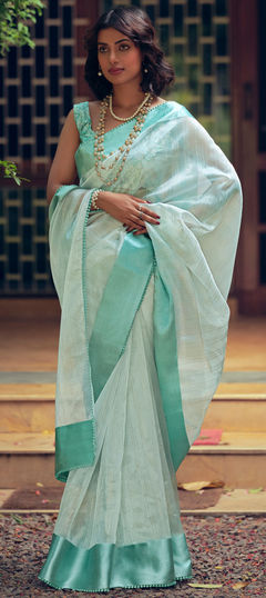 Blue color Saree in Organza Silk, Silk fabric with Lace, Weaving work