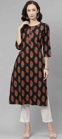 Casual Black and Grey color Kurti in Cotton fabric with Long Sleeve, Straight Printed work : 1872217