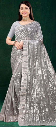 Black and Grey color Saree in Georgette fabric with Sequence work