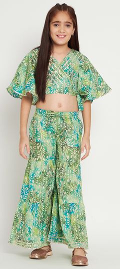 Green color Girls Top with Bottom in Cotton fabric with Floral, Gota Patti, Printed work