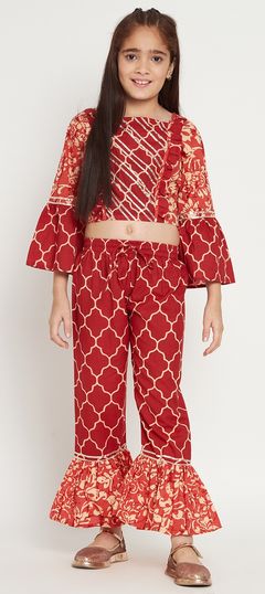 Red and Maroon color Girls Top with Bottom in Cotton fabric with Gota Patti, Printed work