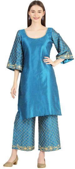 Blue color Salwar Kameez in Raw Silk fabric with Embroidered, Thread, Zari work