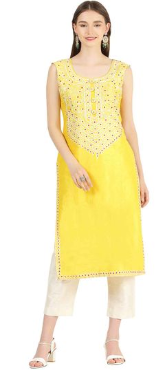 Yellow color Salwar Kameez in Raw Silk fabric with Aari work