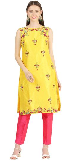 Yellow color Salwar Kameez in Raw Silk fabric with Embroidered, Thread work