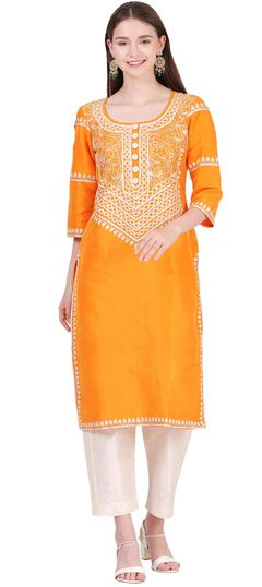 Yellow color Salwar Kameez in Raw Silk fabric with Aari work