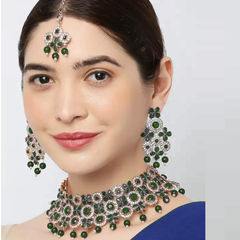 Gold Rodium Polish Green color Necklace in Metal Alloy studded with Austrian diamond