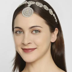 Gold Rodium Polish White and Off White color Mang Tikka in Metal Alloy studded with Austrian diamond