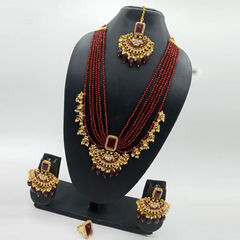 Gold Rodium Polish Red and Maroon color Necklace in Metal Alloy studded with CZ Diamond, Pearl