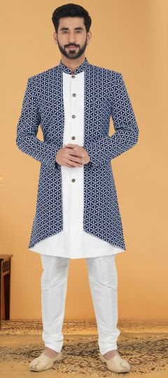 Party Wear Blue, White and Off White color IndoWestern Dress in Silk cotton fabric with Embroidered, Thread work : 1872885