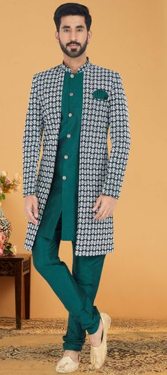Green color IndoWestern Dress in Silk cotton fabric with Embroidered, Thread work
