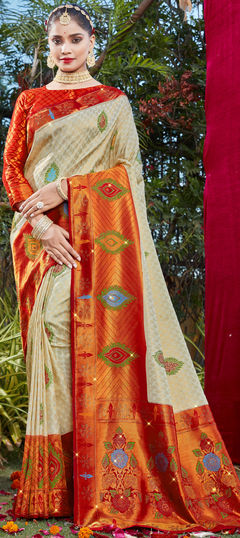 Pink and Majenta, White and Off White color Saree in Brocade fabric with Stone, Weaving work