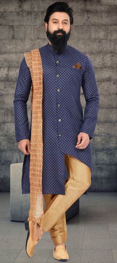 Party Wear Blue color Kurta Pyjamas in Silk cotton fabric with Printed work : 1872928