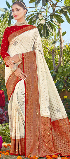 Red and Maroon, White and Off White color Saree in Georgette fabric with Stone, Weaving work